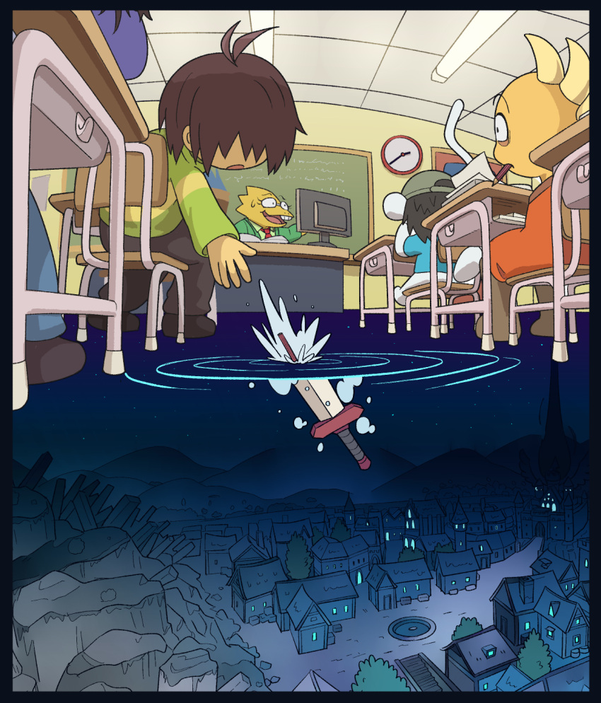 2girls, 2others, alphys, baseball_cap, book, brown_hair, bubble, building