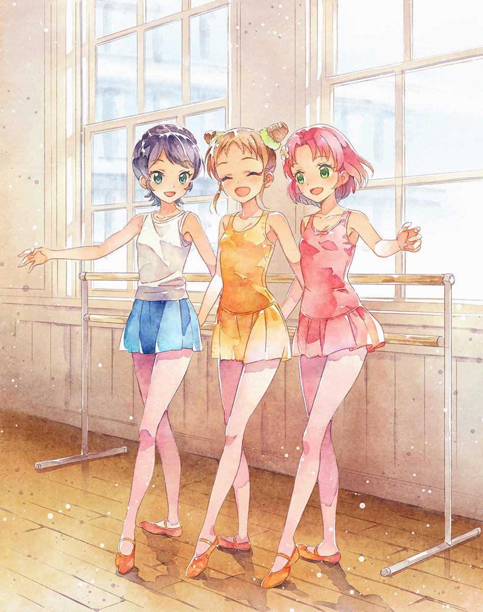 3girls, aikatsu!, aikatsu!_(series), arisugawa_otome, ballerina, ballet_slippers, black_hair, blue_eyes