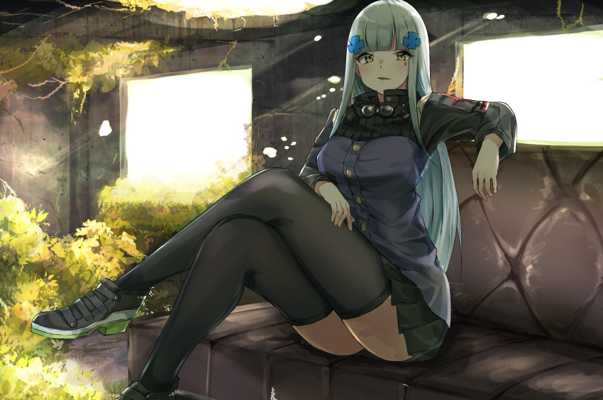 1girl, bangs, black_jacket, black_legwear, breasts, cross_hair_ornament, facial_mark, full_body