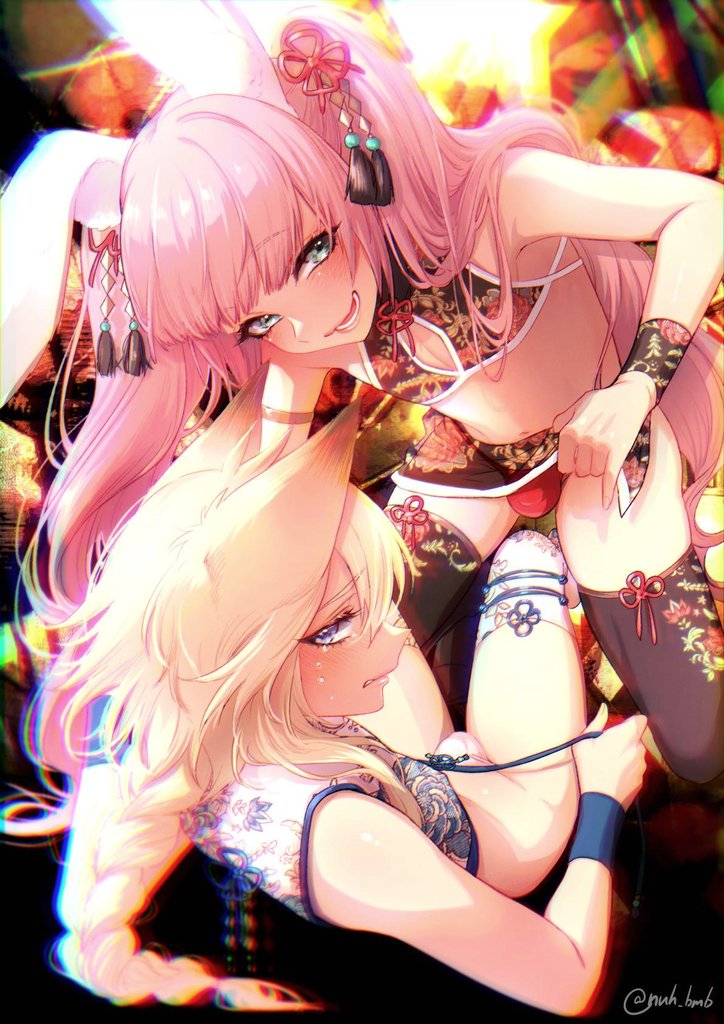 2boys, :d, animal_ears, aqua_eyes, bangs, bare_shoulders, black_legwear, blonde_hair