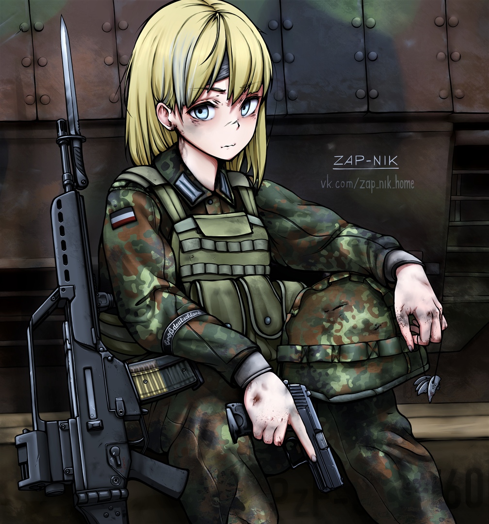 1girl, assault_rifle, bayonet, blonde_hair, blue_eyes, camouflage, commentary, dirty