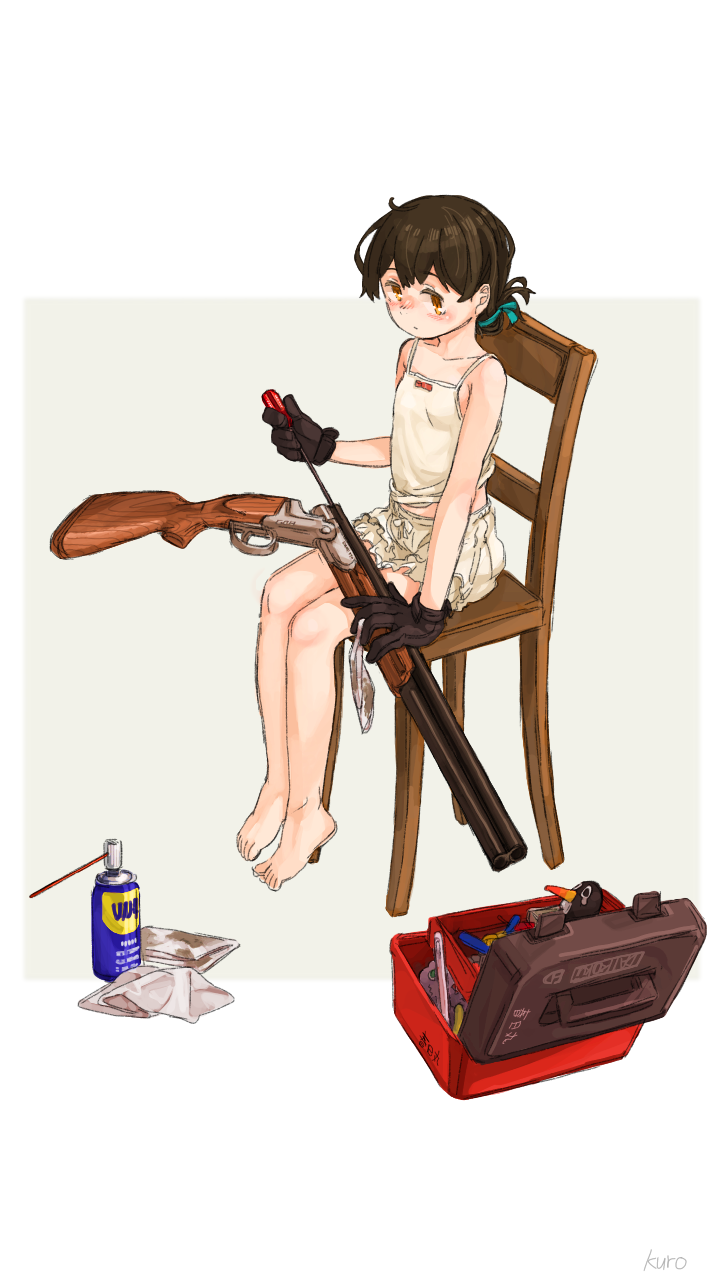 1girl, barefoot, bloomers, brown_hair, camisole, chair, cleaning_weapon, commentary