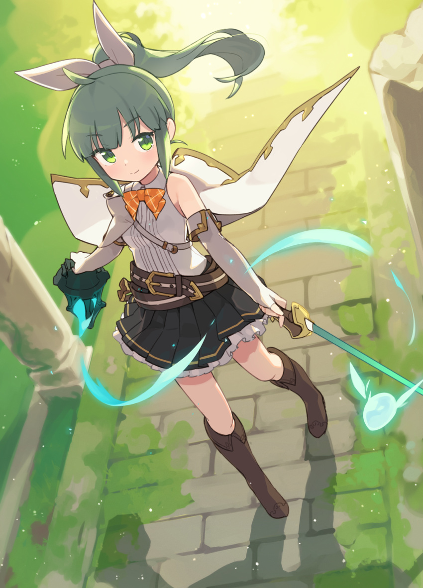 1girl, ahoge, belt, boots, bow, cape, commentary, elbow_gloves