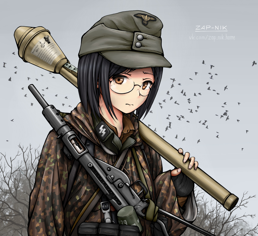 1girl, absurdres, black_hair, brown_eyes, camouflage, commentary, explosive, german_commentary