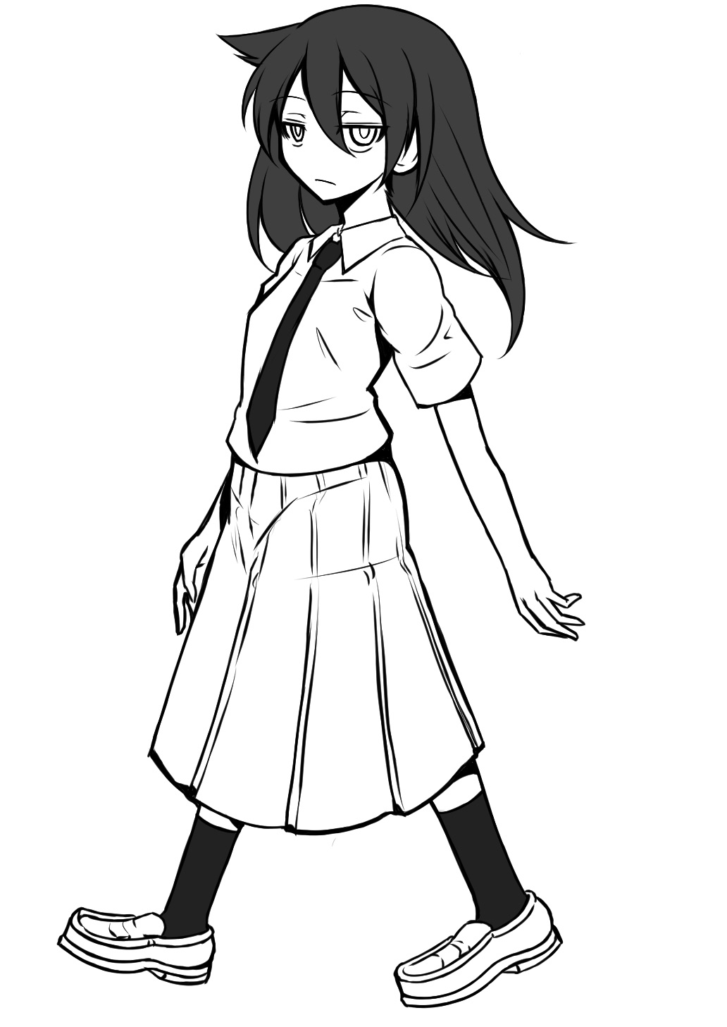 1girl, bags_under_eyes, bangs, black_hair, eyebrows_visible_through_hair, highres, kuroki_tomoko, long_hair, looking_at_viewer, necktie, osumoto1, school_uniform, shirt, shoes, simple_background, socks, solo_focus, watashi_ga_motenai_no_wa_dou_kangaetemo_omaera_ga_warui!