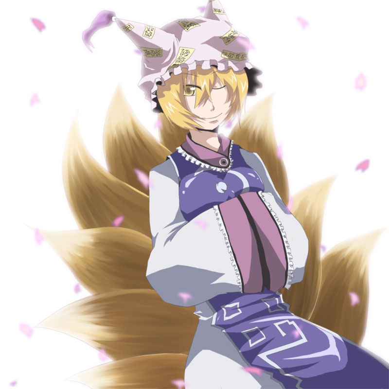 bad_id, blonde_hair, fox_ears, fox_tail, hands_in_sleeves, hat, petals, shion_(pixiv)