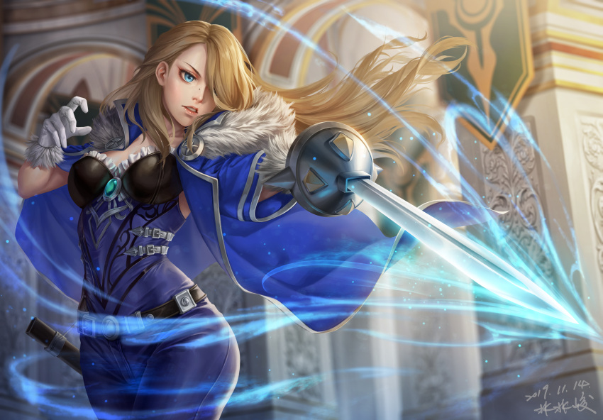 1girl, a789gg, absurdres, belt, blonde_hair, blue_eyes, breasts, brown_dust
