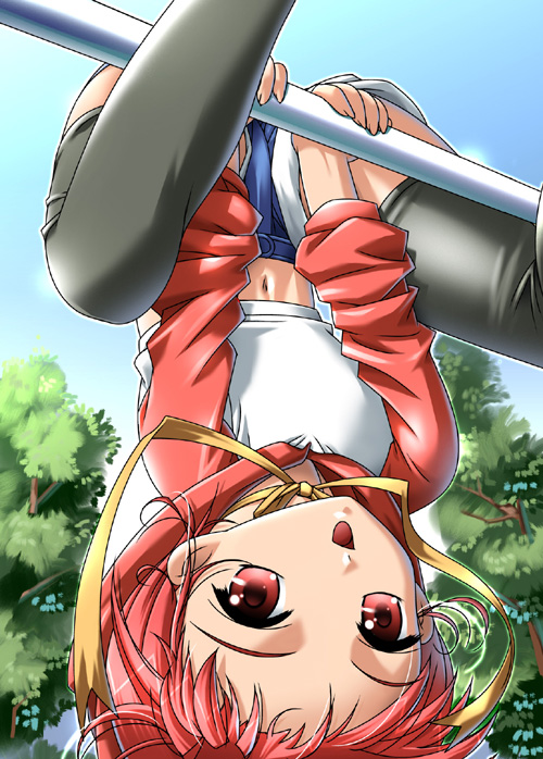 horizontal_bar, midriff, oxide_(artist), oxide_(pixiv), red_eyes, red_hair, redhead, ribbon