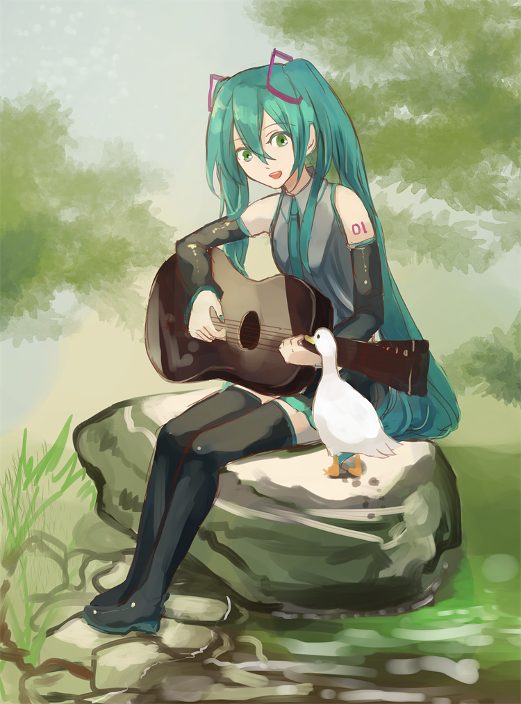 1girl, acoustic_guitar, animal, aqua_eyes, aqua_hair, aqua_nails, aqua_neckwear, bare_shoulders, bird, black_legwear, black_skirt, black_sleeves, commentary, day, detached_sleeves, duck, footprints, full_body, grey_shirt, guitar, hair_ornament, hatsune_miku, holding, holding_instrument, instrument, long_hair, looking_at_another, music, nail_polish, necktie, open_mouth, outdoors, pikori, playing_instrument, pond, rock, shirt, shoulder_tattoo, sitting, skirt, sky, sleeveless, sleeveless_shirt, smile, tattoo, thigh-highs, tree, twintails, very_long_hair, vocaloid, zettai_ryouiki