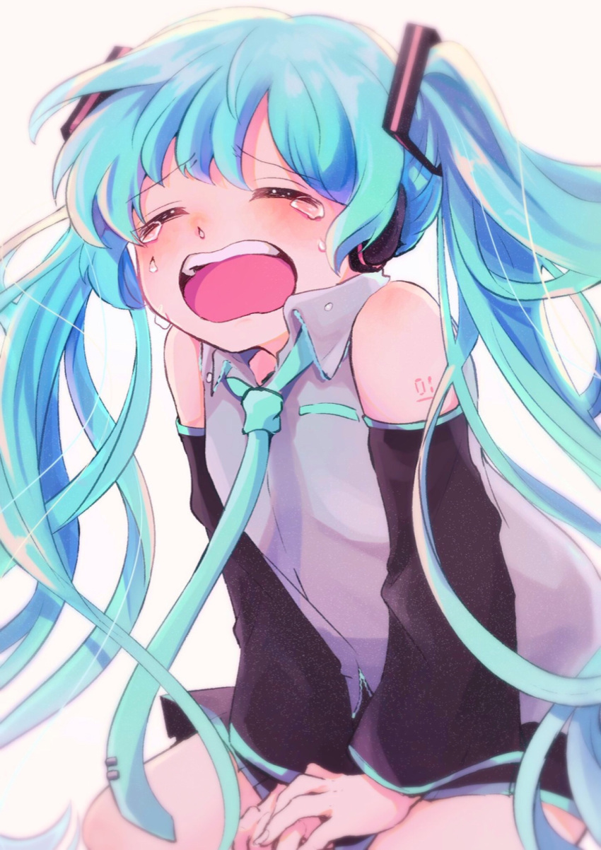 aqua_eyes, aqua_hair, aqua_neckwear, bare_shoulders, between_legs, black_skirt, black_sleeves, blush