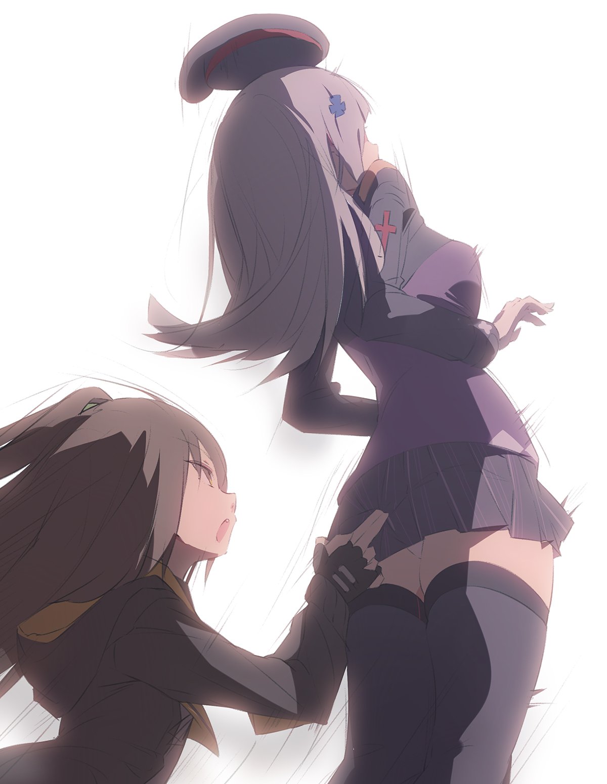 2girls, beret, black_gloves, black_headwear, black_legwear, fingerless_gloves, girls_frontline, gloves