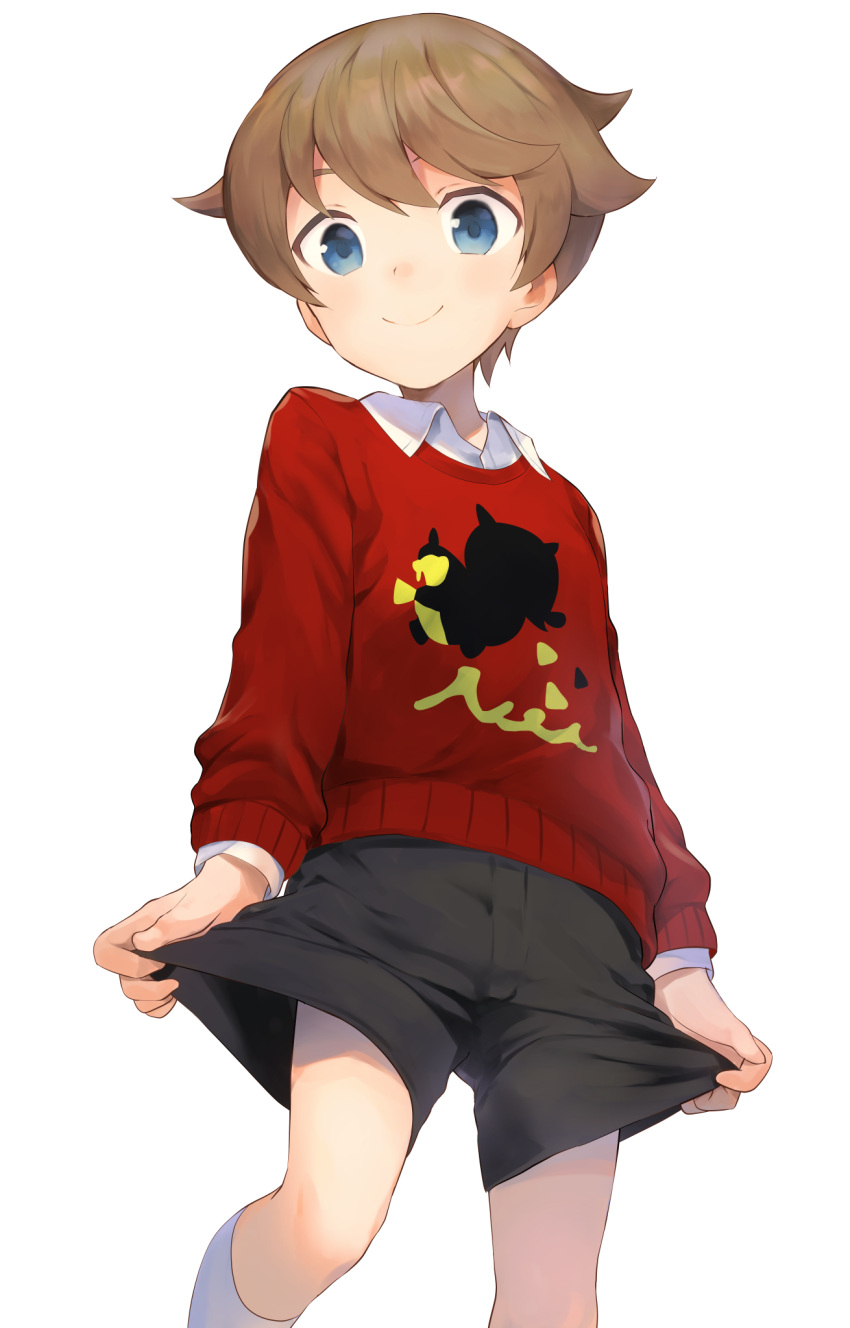 1boy, bangs, black_shorts, blue_eyes, brown_hair, character_print, child, closed_mouth