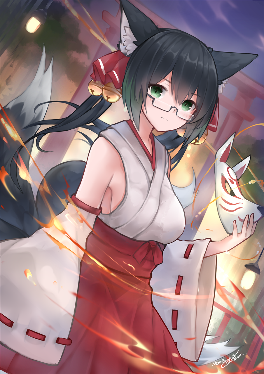 1girl, animal_ear_fluff, animal_ears, bangs, bare_shoulders, bell, black_hair, breasts
