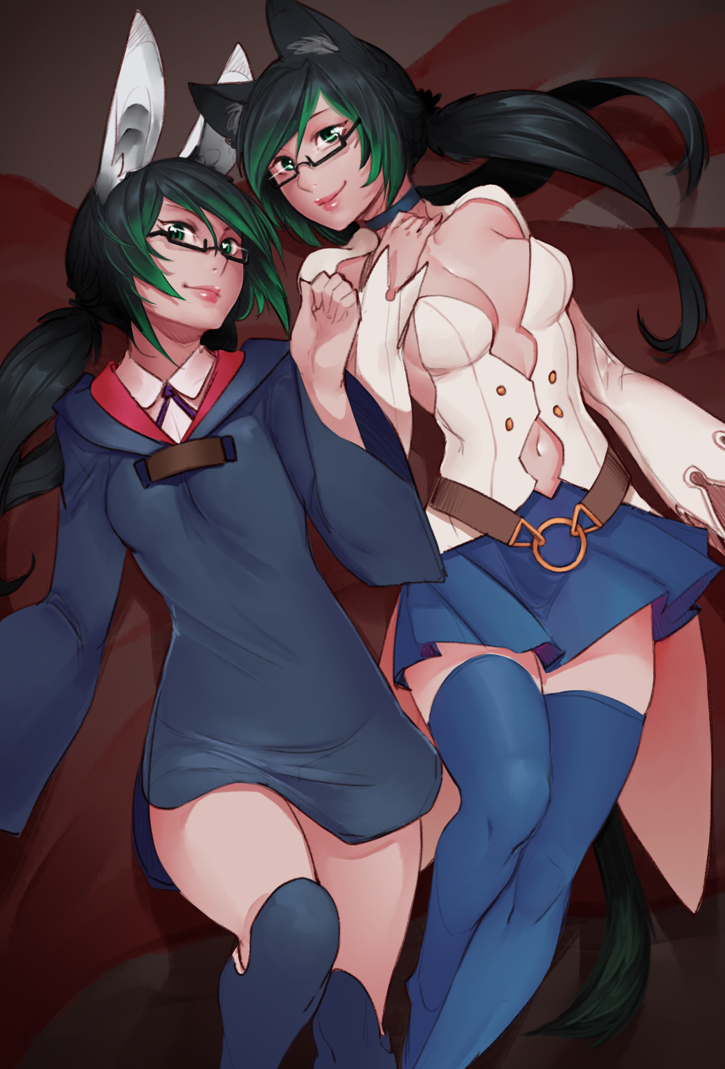 2girls, animal_ear_fluff, animal_ears, black-framed_eyewear, black_hair, blue_legwear, blue_robe, blue_skirt, breasts, cat_ears, cat_tail, choker, commentary, cosplay, dual_persona, english_commentary, glasses, gradient_hair, green_eyes, green_hair, hand_on_own_chest, highres, kagari_atsuko, kagari_atsuko_(cosplay), less, little_witch_academia, long_hair, looking_at_viewer, lying, medium_breasts, multicolored_hair, multiple_girls, navel, on_back, original, pleated_skirt, rabbit_ears, rectangular_eyewear, robe, semi-rimless_eyewear, shiny_chariot, shiny_chariot_(cosplay), skirt, smile, tail, tharkis, thigh-highs, twintails, under-rim_eyewear, wide_sleeves