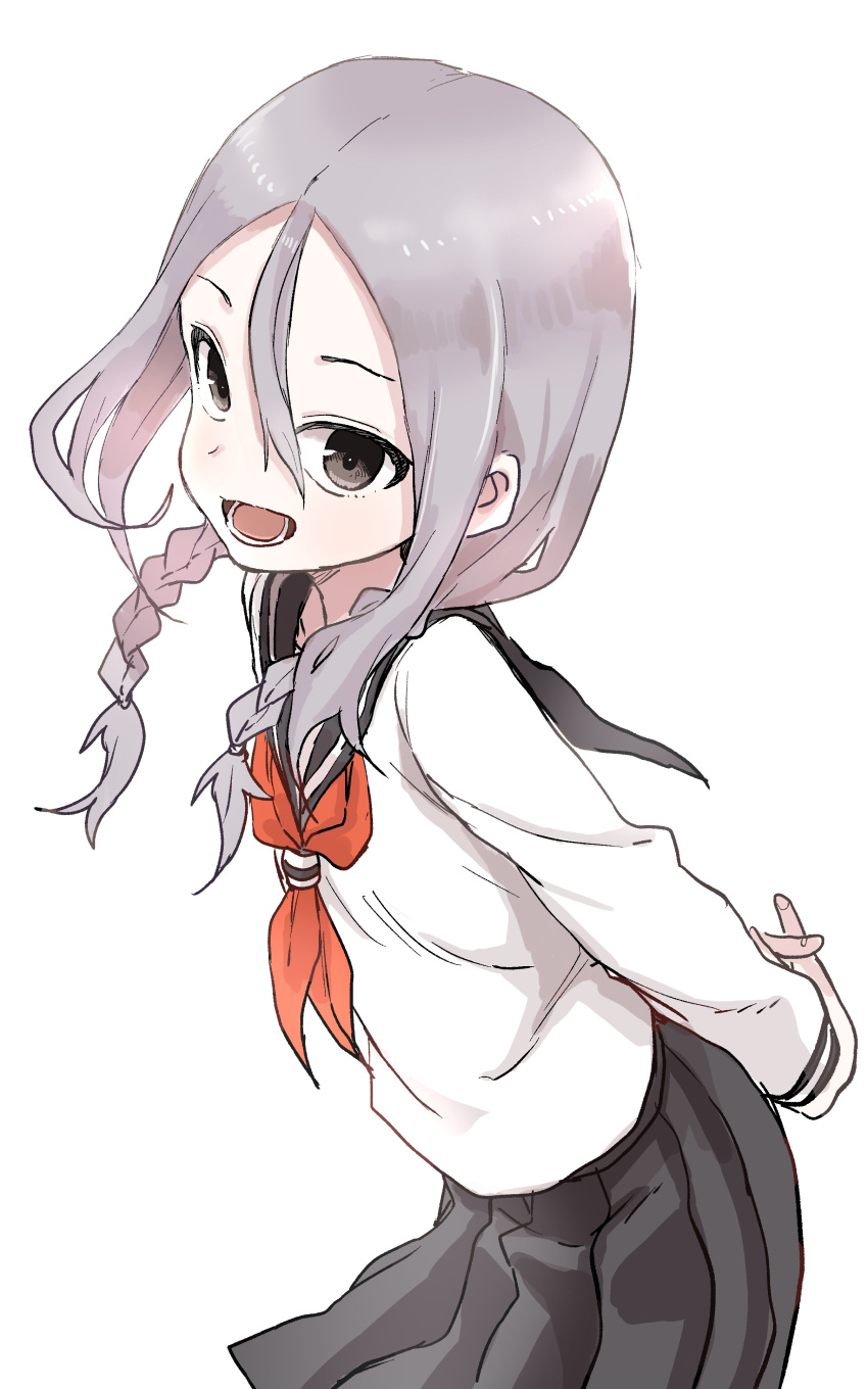 1girl, :d, absurdres, arms_behind_back, bangs, black_sailor_collar, black_skirt, braid