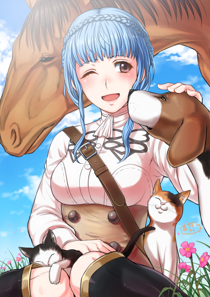 1girl, blue_hair, blue_sky, boots, braid, brown_eyes, cat, clouds