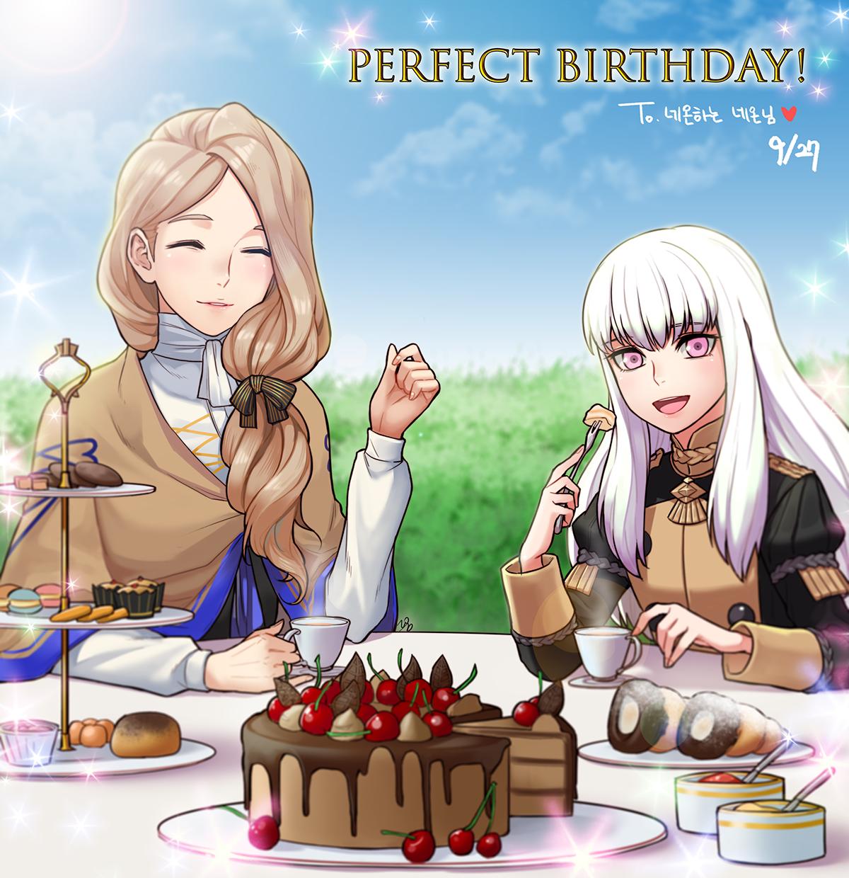 2girls, adult, blonde_hair, blue_sky, bow, cake, cherry, closed_eyes