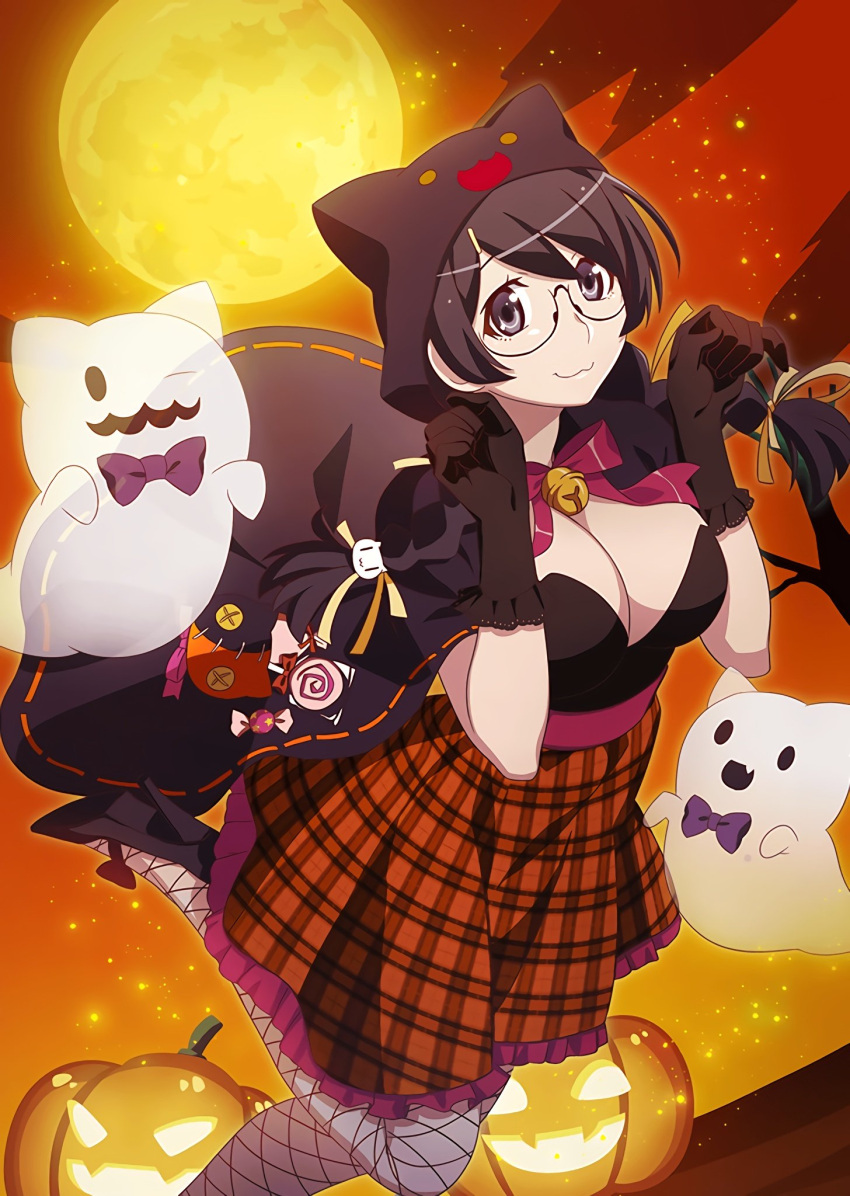 1girl, :3, artist_request, bell, black_eyes, black_footwear, black_gloves, black_hair