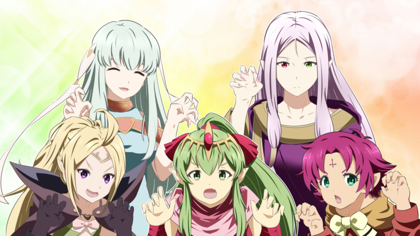 5girls, adult, black_gloves, blonde_hair, blue_hair, bow, child, circlet