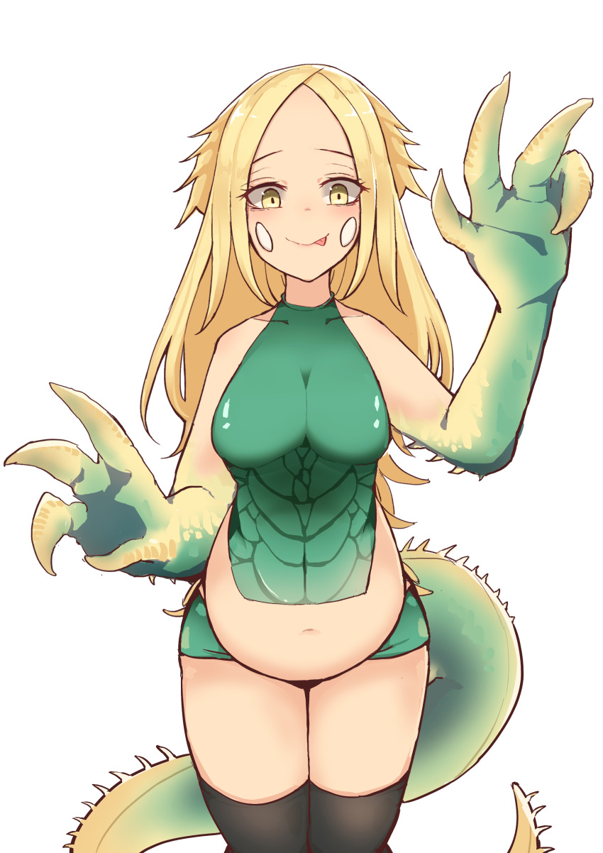 1girl, :p, absurdres, bangs, blonde_hair, breasts, claws, great_jagras, highres, house88812317, long_hair, looking_at_viewer, monster_hunter, monster_hunter:_world, navel, parted_bangs, personification, scales, smile, solo, stomach, tail, tongue, tongue_out, yellow_eyes