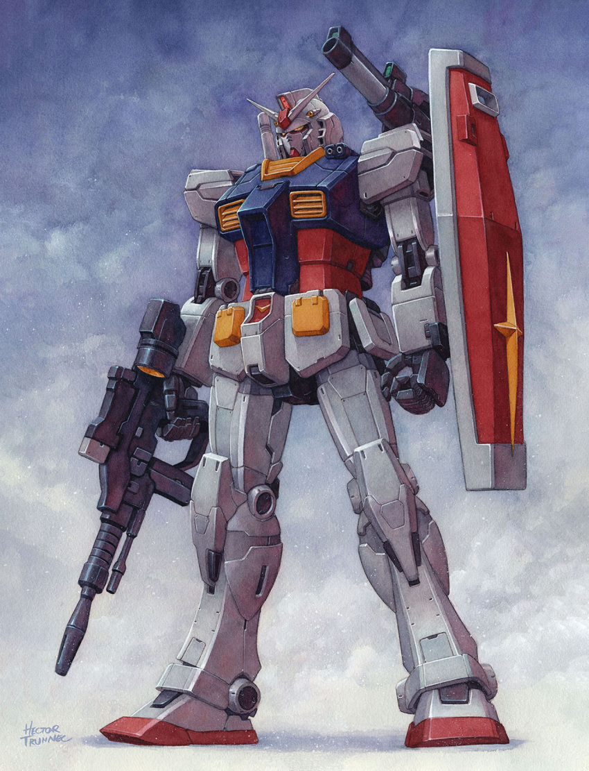 artist_name, beam_rifle, calligraphy_brush_(medium), energy_gun, full_body, gun, gundam, hector_trunnec, highres, holding, holding_gun, holding_weapon, mecha, mobile_suit, mobile_suit_gundam, no_humans, rx-78-2, science_fiction, shoulder_cannon, traditional_media, watercolor_(medium), weapon, yellow_eyes