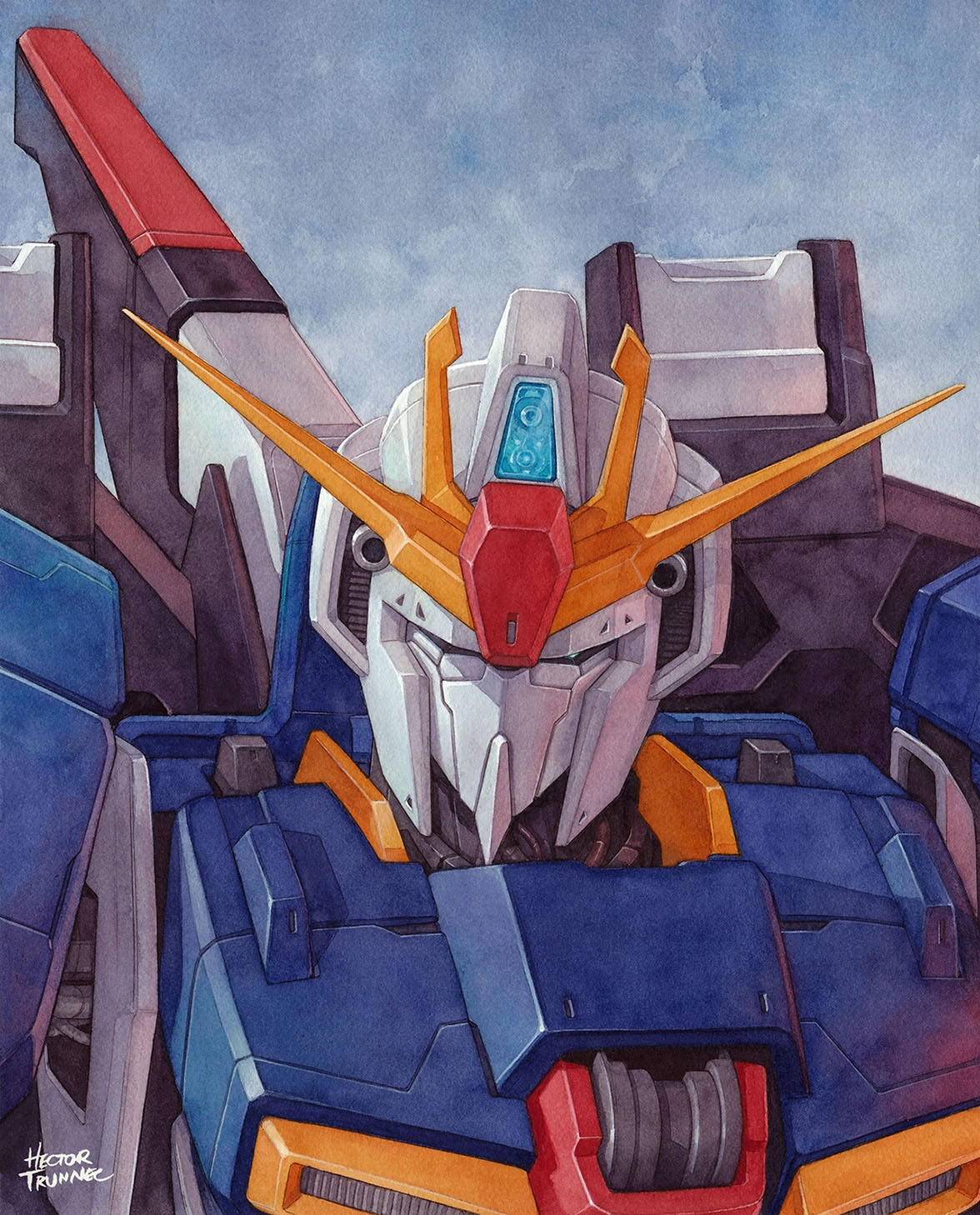 argama, artist_name, calligraphy_brush_(medium), clouds, gundam, hector_trunnec, highres, mecha