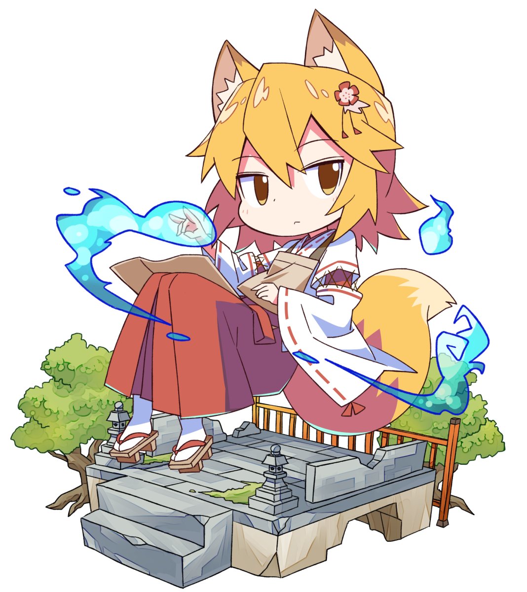 1girl, animal_ears, apron, brown_eyes, commentary, floating, fox_ears, fox_girl