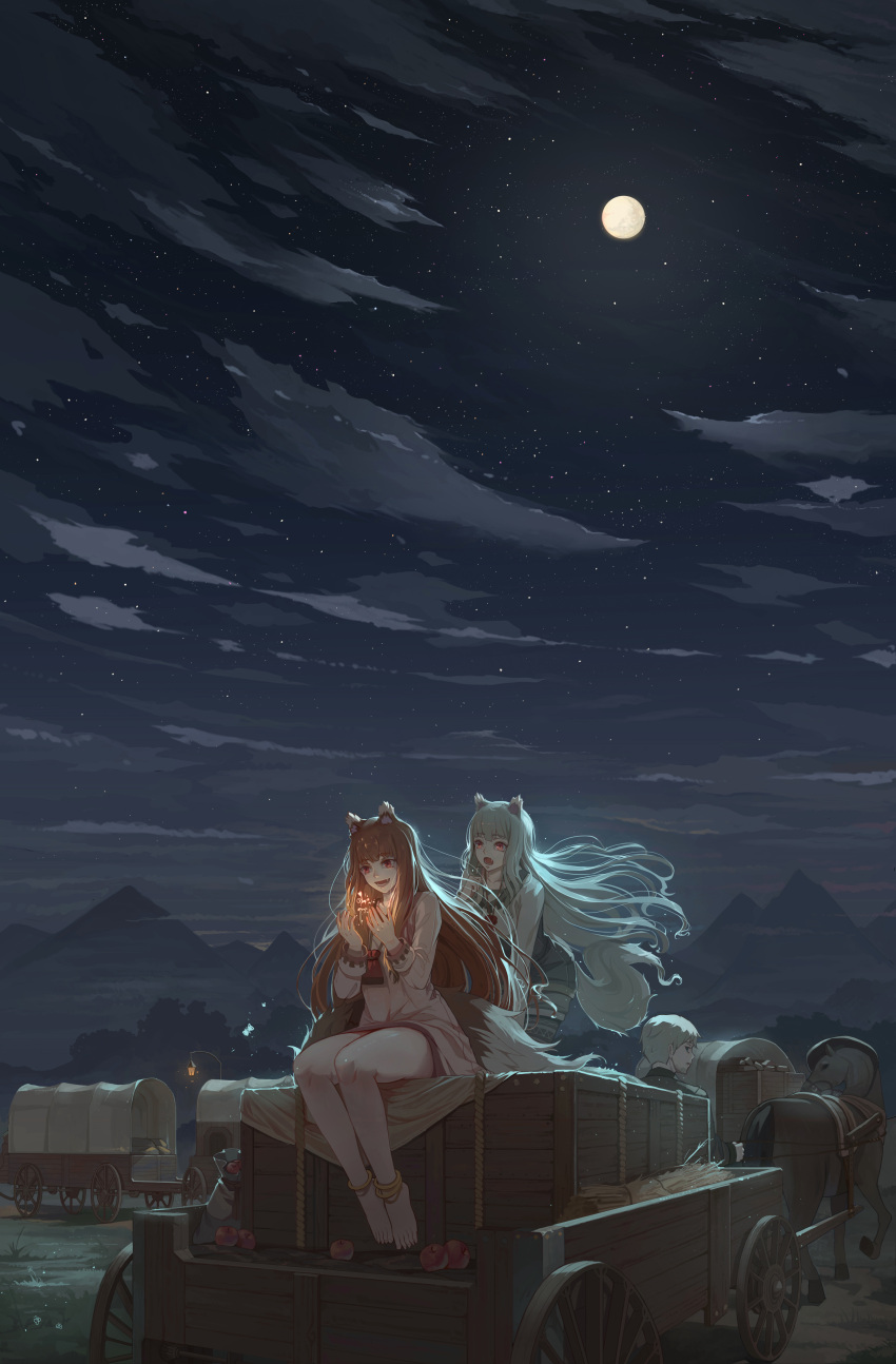 1boy, 2girls, absurdres, animal_ears, anklet, apple, artist_request, barefoot