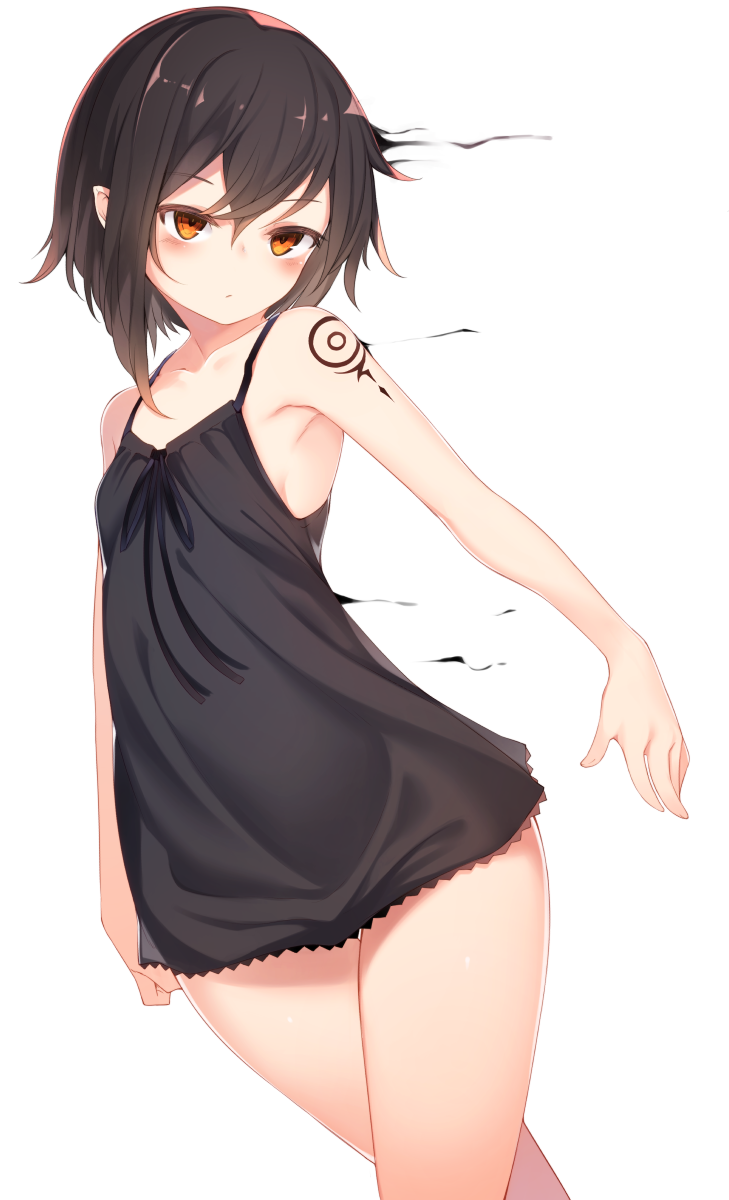 1girl, bare_shoulders, black_hair, black_nightgown, blush, breasts, camisole, collarbone