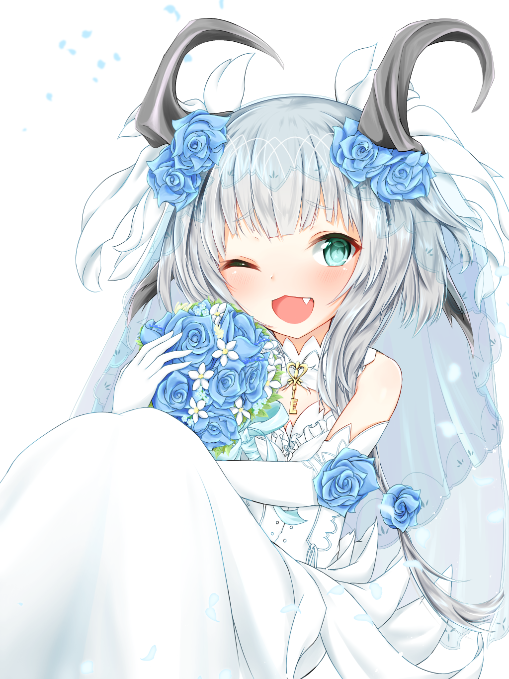 1girl, bouquet, dragon_girl, dragon_horns, dress, fang, flower, gloves