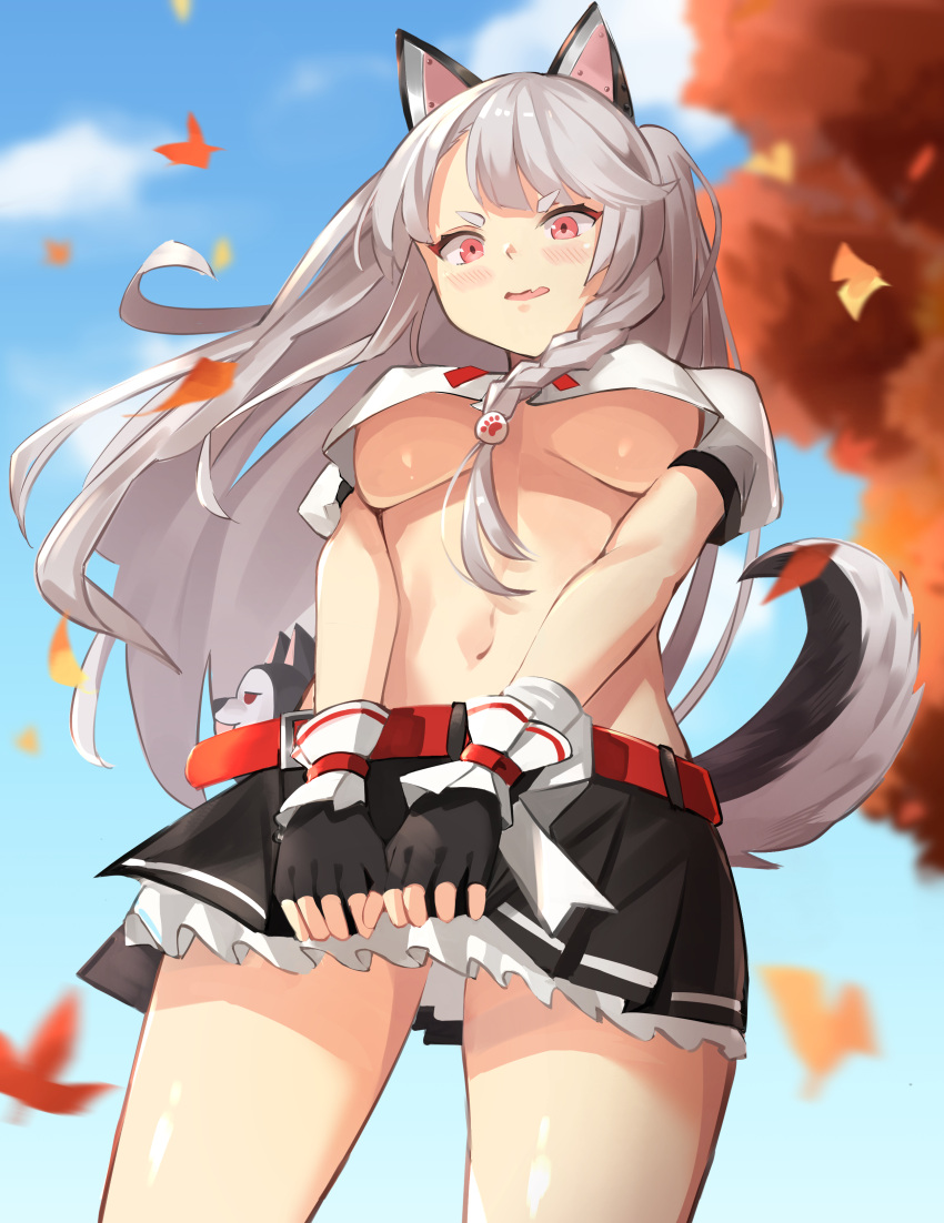 1girl, absurdres, animal_ears, autumn_leaves, azur_lane, belt, black_gloves, black_skirt, blue_skirt, blush, braid, breasts, covering, covering_crotch, crop_top, crop_top_overhang, day, fake_animal_ears, falling_leaves, fang, fingerless_gloves, frilled_skirt, frills, from_below, ginkgo_leaf, gloves, highres, leaf, long_hair, looking_down, mechanical_ears, medium_breasts, miniskirt, monyu_(monyupop), motion_blur, navel, no_bra, outdoors, parted_lips, red_eyes, short_sleeves, side_braid, silver_hair, skin_fang, skirt, solo, stomach, stuffed_wolf, tail, thighs, two_side_up, upshirt, v-shaped_eyebrows, very_long_hair, wolf_tail, wrist_cuffs, yuudachi_(azur_lane)