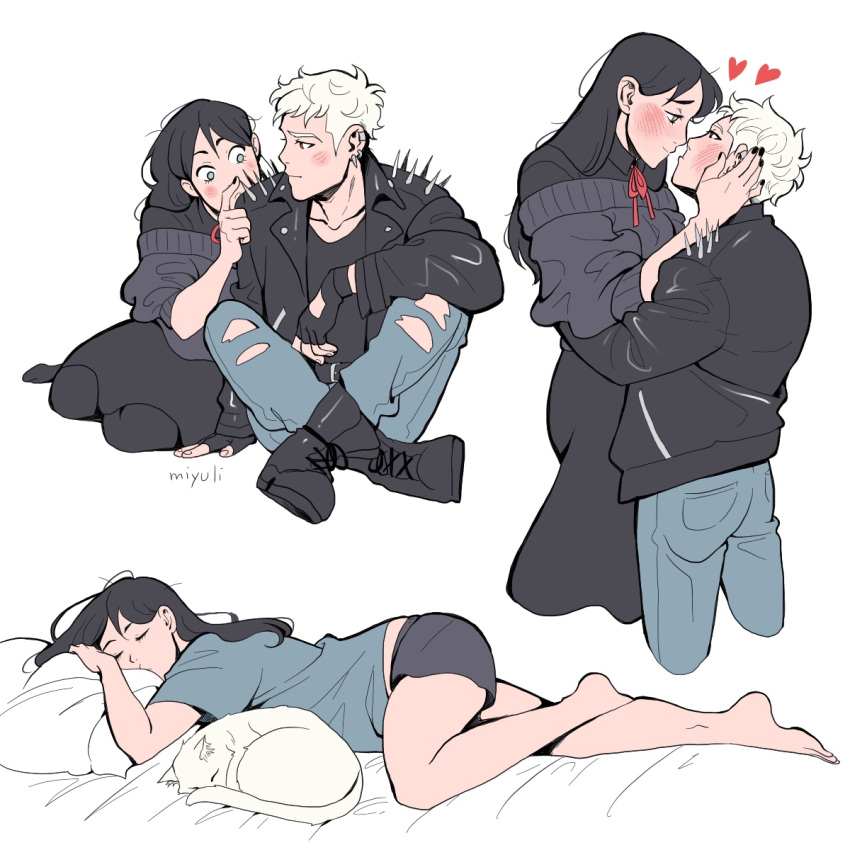 1boy, 1girl, animal, arm_at_side, bare_legs, barefoot, bed_sheet, belt