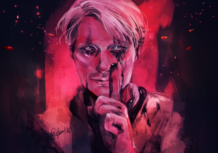 1boy, black_background, cliff_unger, death_stranding, dirty_face, embers, grey_eyes, hand_up