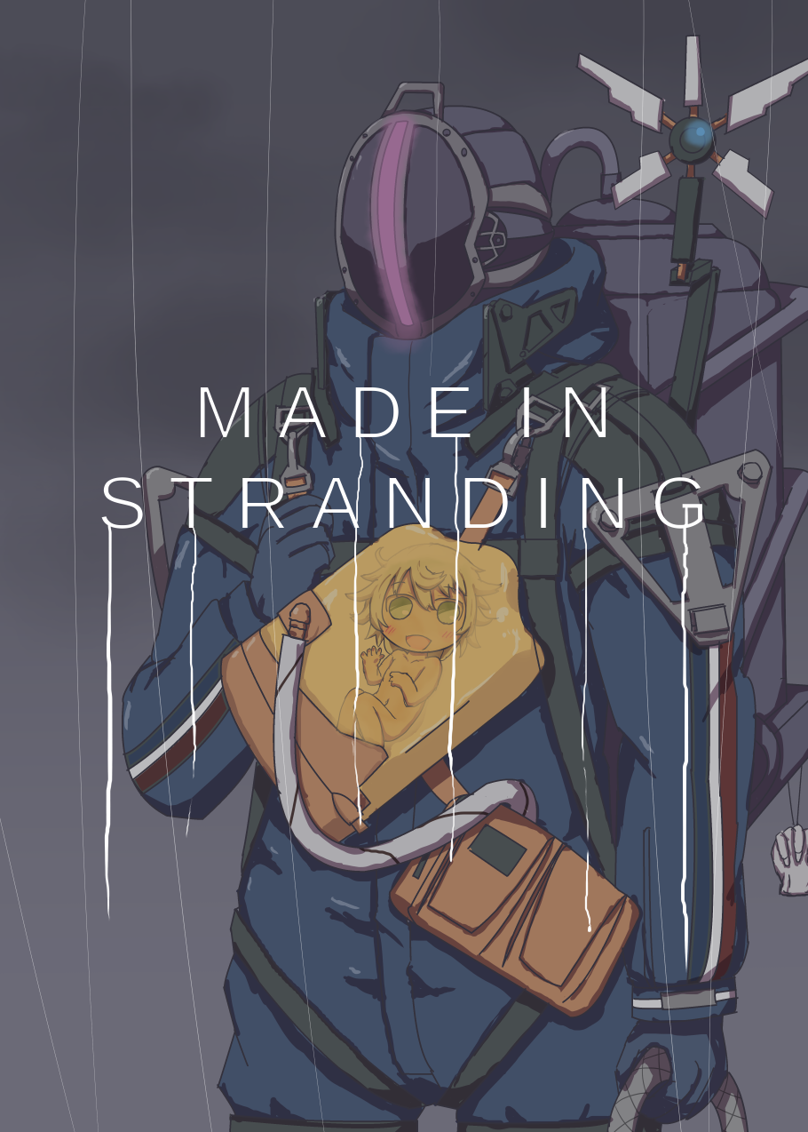 1boy, 1other, :d, backpack, bag, blue_gloves, bondrewd, daisyou, death_stranding, gloves, green_eyes, grey_sky, highres, long_sleeves, made_in_abyss, mask, open_mouth, outdoors, prushka, smile, whistle