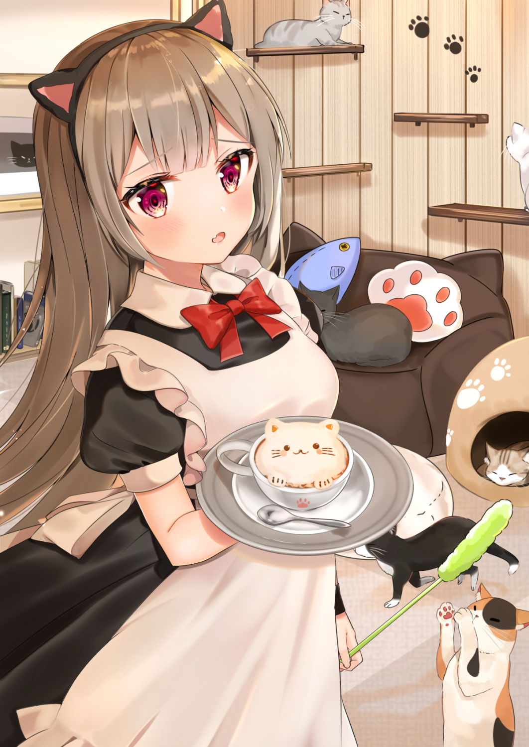 1girl, :o, animal, animal_ears, apron, black_dress, black_hairband, blush