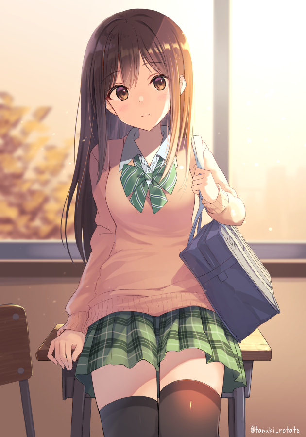 1girl, bag, black_legwear, bow, bowtie, brown_eyes, brown_hair, cardigan