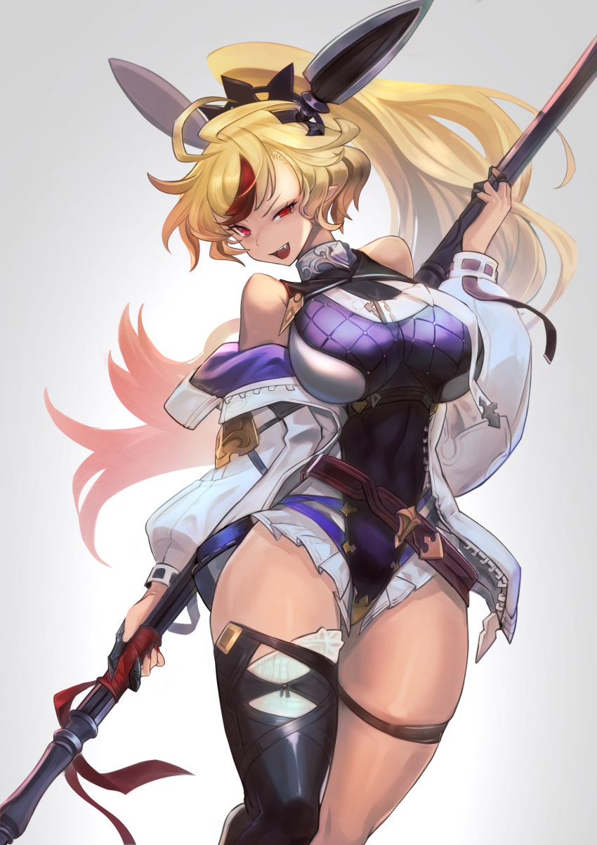 1girl, :d, absurdres, blonde_hair, fang, half-closed_eye, headwear, highres