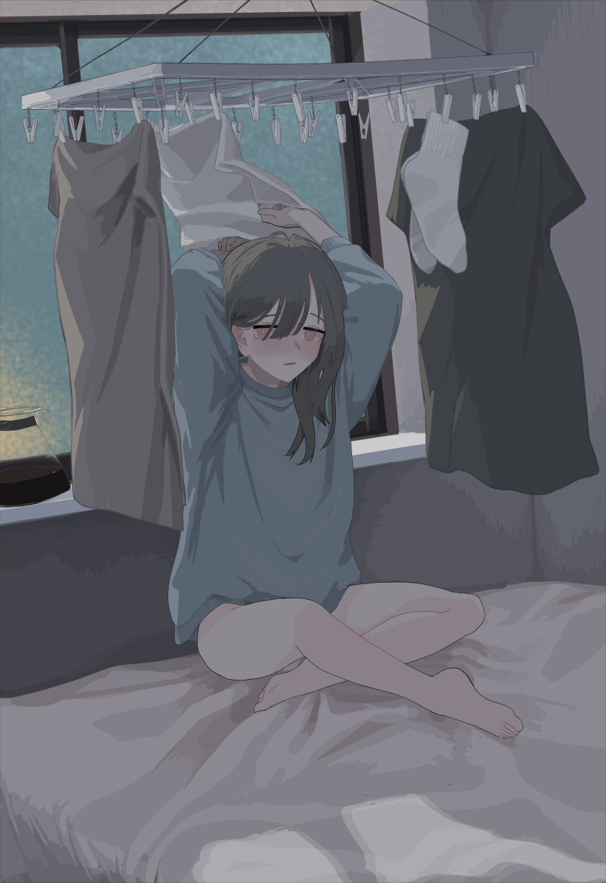 1girl, absurdres, arms_up, barefoot, bed, brown_hair, clothes_pin, coffee_pot