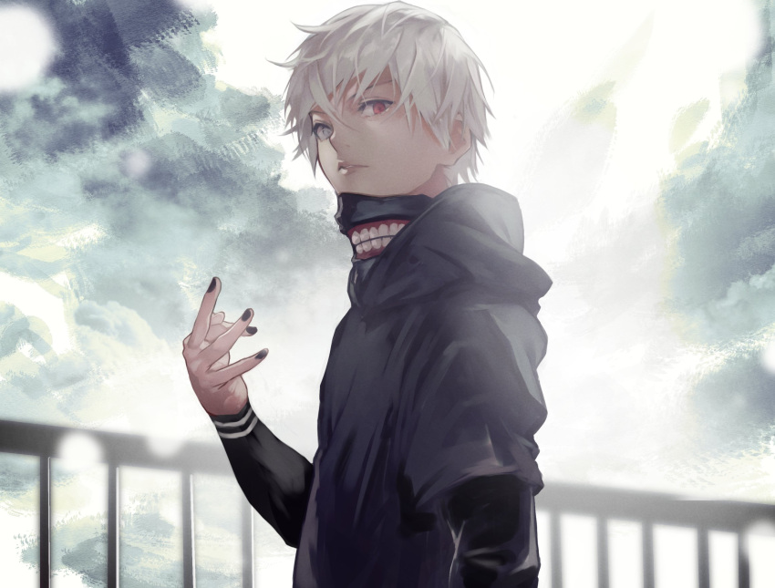 1boy, 55level, bangs, black_nails, black_shirt, cracking_knuckles, heterochromia, highres, hoddie, kaneki_ken, long_sleeves, looking_at_viewer, mask, outdoors, parted_lips, railing, red_eyes, shirt, short_hair, sky, tokyo_ghoul, white_hair