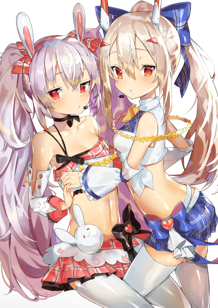 2girls, alternate_costume, animal_ears, ayanami_(azur_lane), ayanami_(troubled_star_idol)_(azur_lane), azur_lane, blonde_hair, blue_skirt