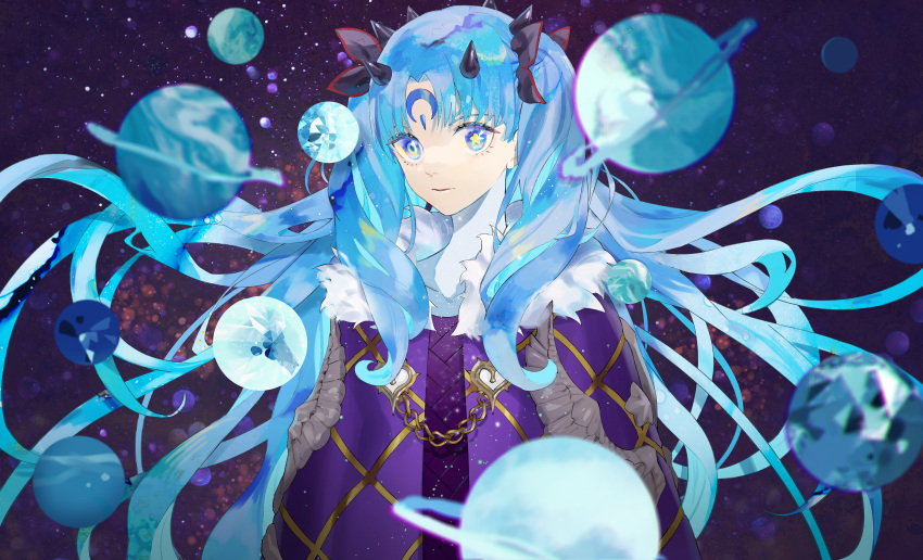 absurdres, asymmetrical_pupils, bangs, black_ribbon, blue_theme, blurry, chain, crescent