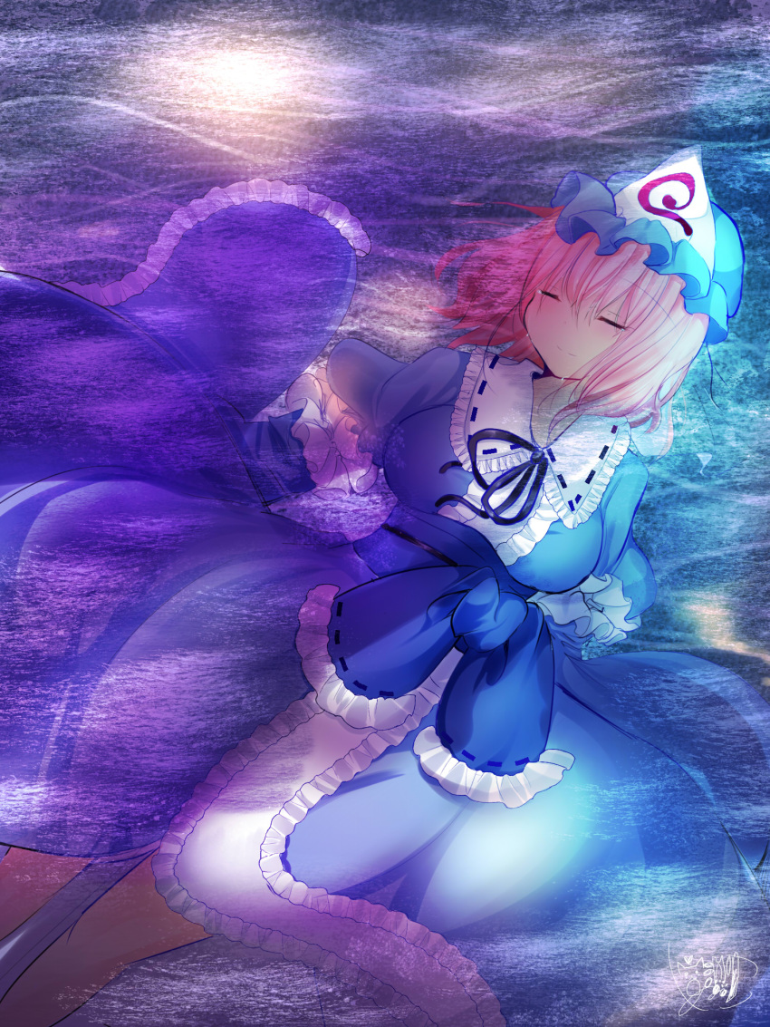 1girl, afloat, arm_garter, blue_headwear, blue_kimono, breasts, closed_eyes, eyebrows_visible_through_hair