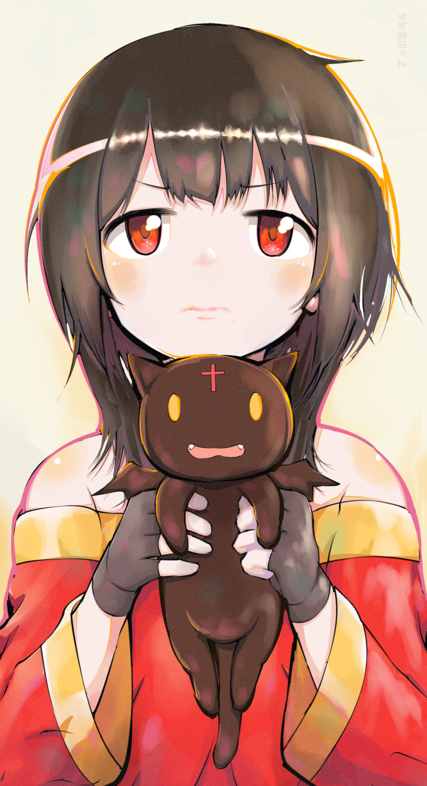 1girl, amasuzume, black_hair, blush, button_eyes, chomusuke, fingerless_gloves, gloves