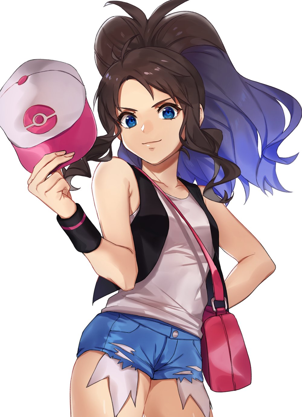 1girl, ahoge, asymmetrical_bangs, bag, bangs, baseball_cap, blue_eyes, breasts, brown_hair, cowboy_shot, denim, denim_shorts, frayed_clothes, hand_on_hip, handbag, hat, hat_removed, headwear_removed, highres, jeans, kamu_(kamuuei), long_hair, looking_at_viewer, pants, poke_ball, pokemon, pokemon_(game), pokemon_bw, ponytail, short_shorts, shorts, simple_background, sleeveless, small_breasts, smirk, solo, sweatband, tank_top, thighs, torn_clothes, torn_jeans, torn_pants, torn_shorts, touko_(pokemon), vest, white_background, wristband