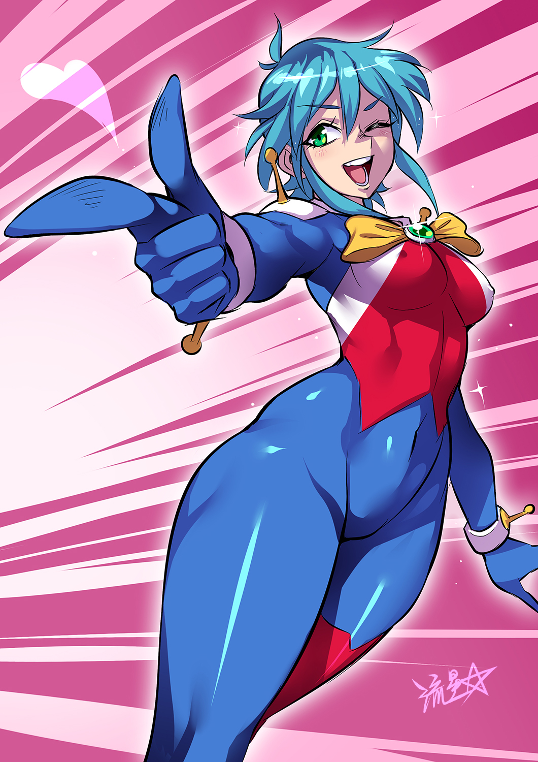1girl, ;d, allenby_beardsley, antennae, blue_bodysuit, blue_hair, blush, bodysuit