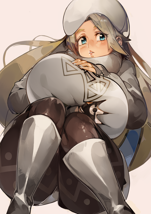 1girl, blonde_hair, blue_eyes, breast_hold, breasts, commentary_request, hat, huge_breasts, looking_at_viewer, luco_san, melony_(pokemon), parted_lips, pokemon, pokemon_(game), pokemon_swsh, solo, squatting, thick_thighs, thighs, white_footwear, white_headwear