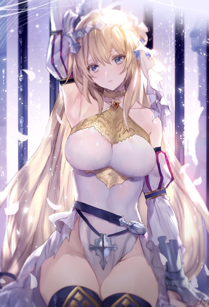 1girl, ahoge, arm_up, armpits, bare_shoulders, belt, blonde_hair, blue_eyes