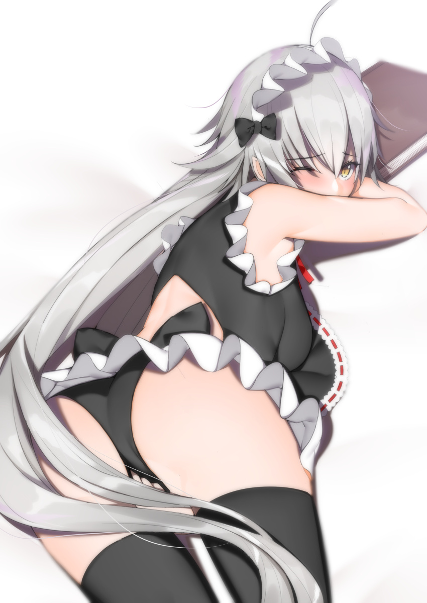 1girl, absurdres, armpits, ass, black_legwear, black_panties, blush, breasts