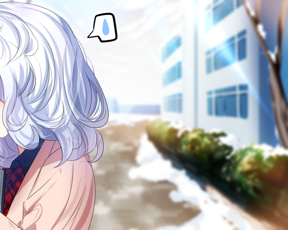 1girl, ahoge, bare_tree, black_shirt, blurry, blurry_background, book, bow