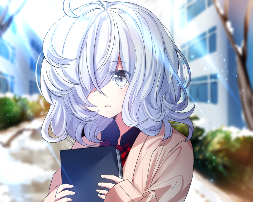 1girl, ahoge, bare_tree, black_shirt, blurry, blurry_background, blush, book